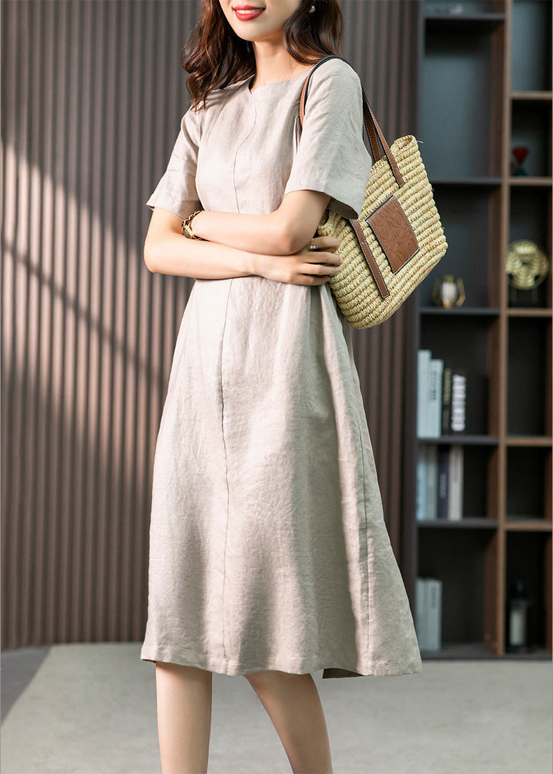 Khaki O-neck Patchwork Wrinkled Linen Long Dresses Summer Ly1755