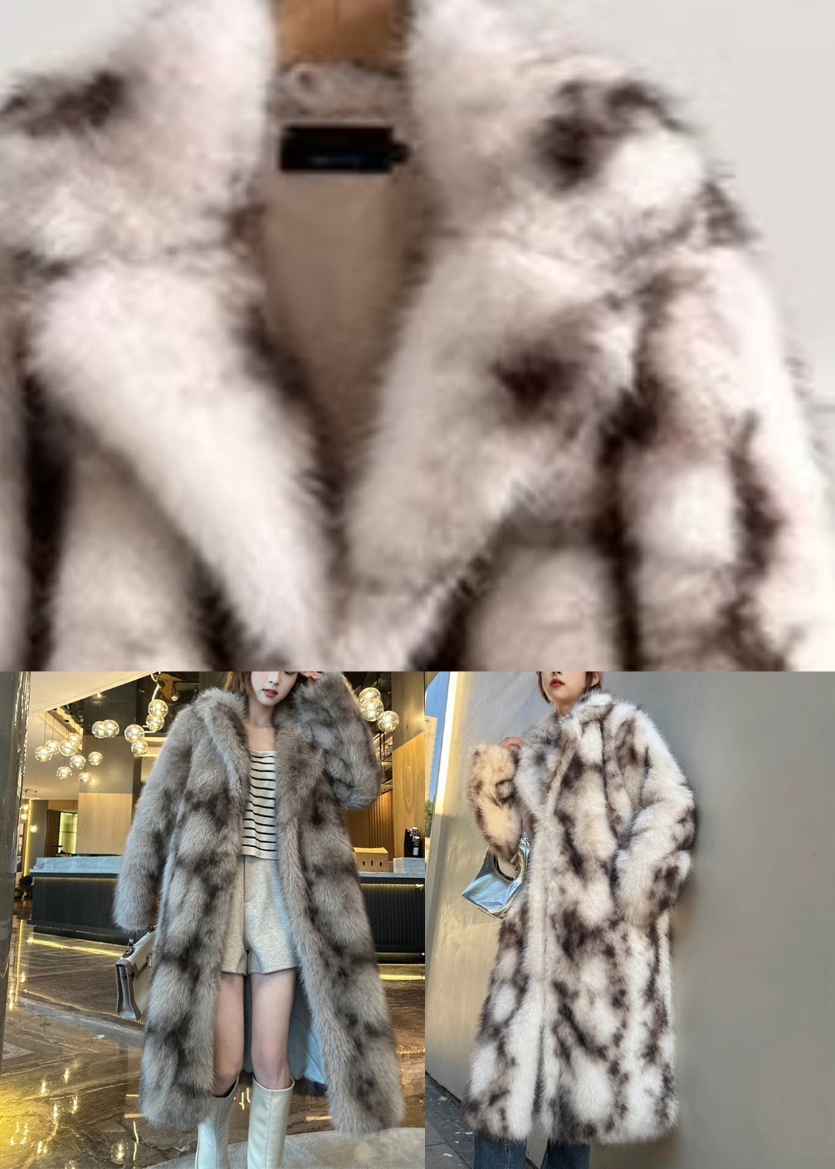 Khaki Pockets Print Leather and Fur Long Coats Winter Rd016