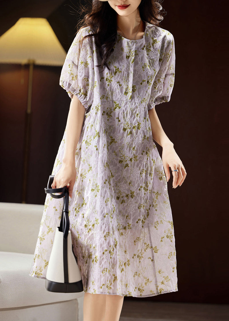 Light Purple Print Patchwork Cotton Holiday Long Dress Puff Sleeve Ww029