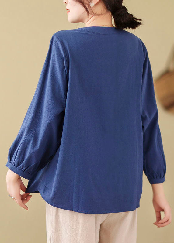 Loose Blue Embroidered Linen Blouses Long Sleeve Ff019