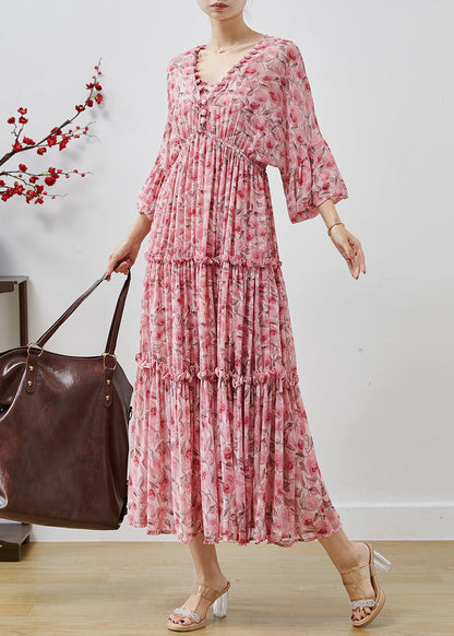 Pink Ruffled Print Chiffon Maxi Dresses Lantern Sleeve Ap1064
