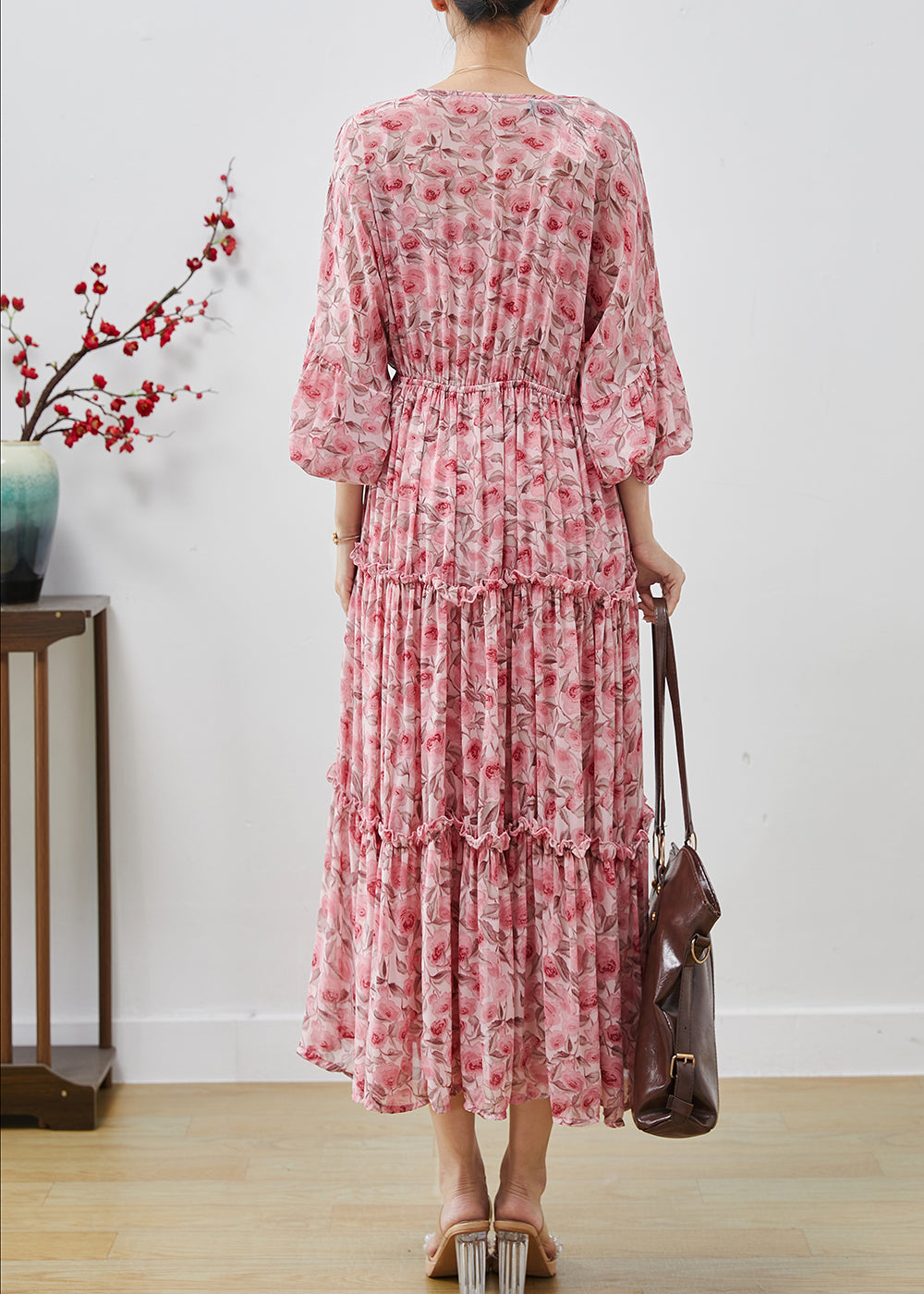 Pink Ruffled Print Chiffon Maxi Dresses Lantern Sleeve Ap1064