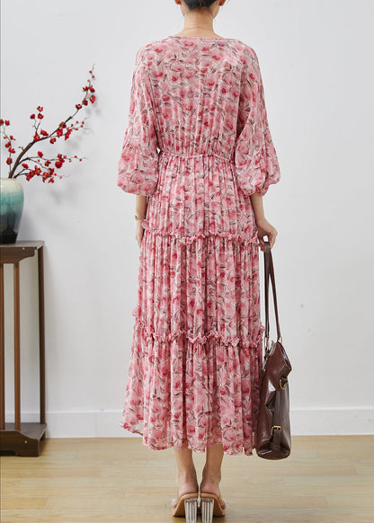 Pink Ruffled Print Chiffon Maxi Dresses Lantern Sleeve Ap1064