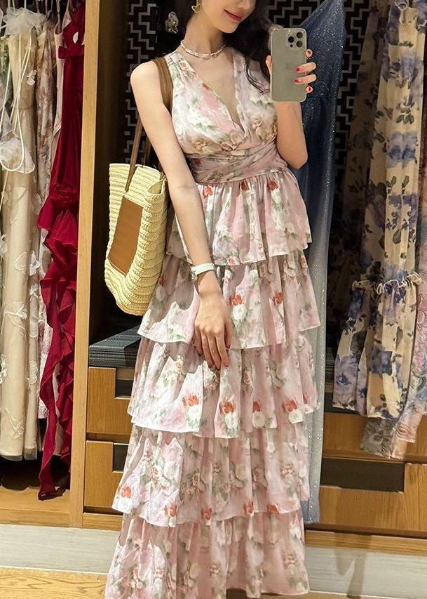 Pink V Neck Print Chiffon Long Dresses Sleeveless Zl025