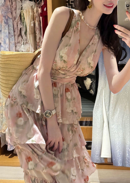 Pink V Neck Print Chiffon Long Dresses Sleeveless Zl025
