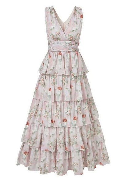 Pink V Neck Print Chiffon Long Dresses Sleeveless Zl025