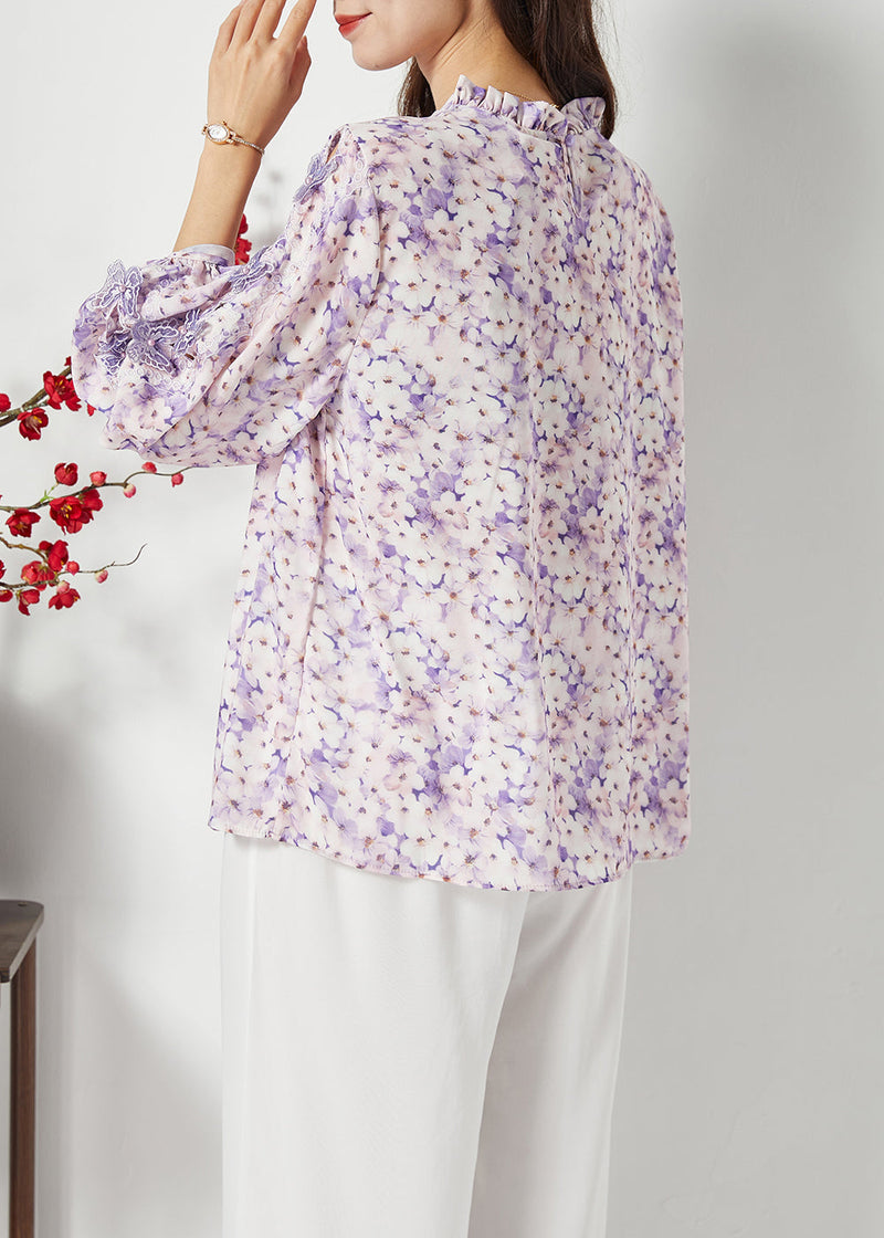 Purple Print Hollow Out Chiffon Blouses Spring Lc0391