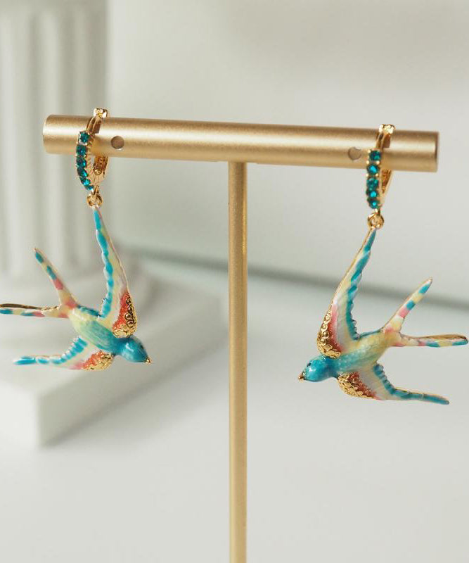 Rainbow Copper Alloy Enamel Gem Stone Swallow Drop Earrings