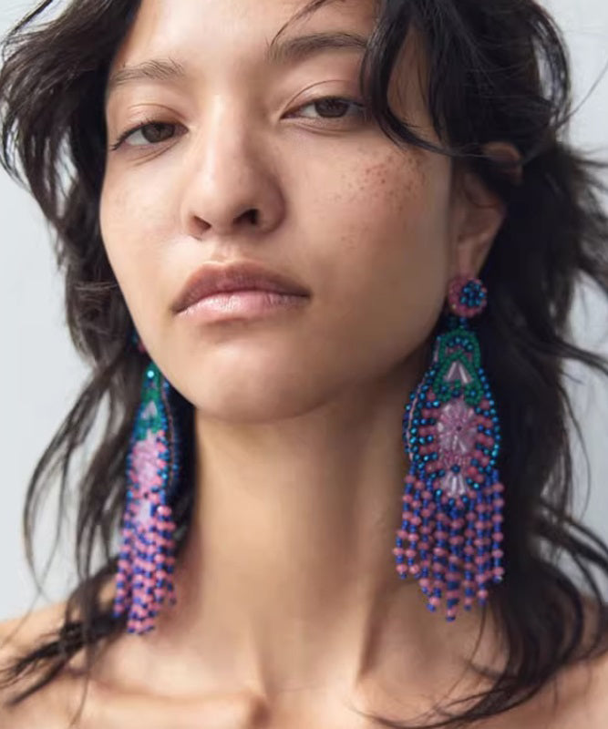 Rainbow Weave Crystal Beading Tassel Drop Earrings