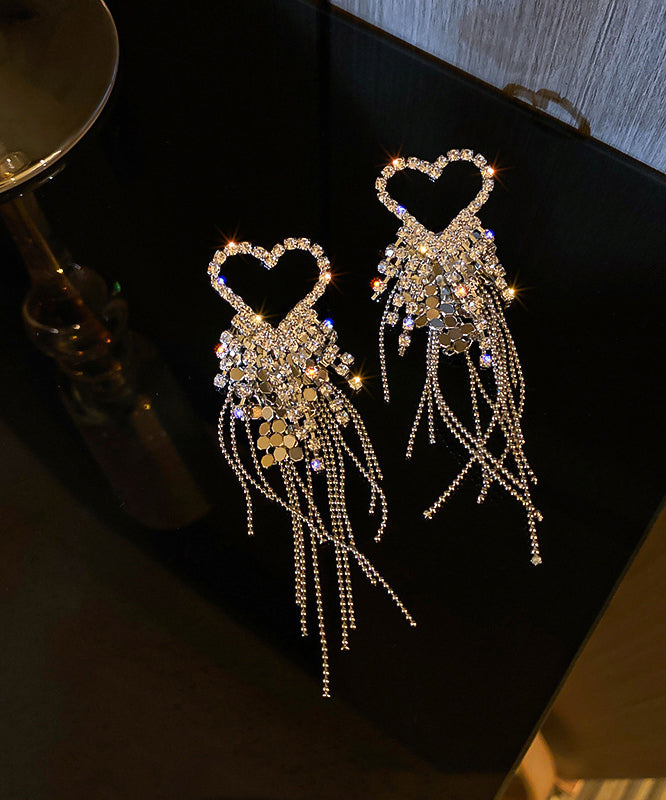 Silk Sterling Silver Zircon Love Tassel Drop Earrings