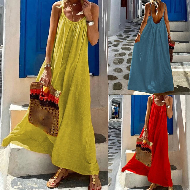Color Spaghetti Strap Dresses Loose Backless Beach Vacation Long Dress Female Vestidos