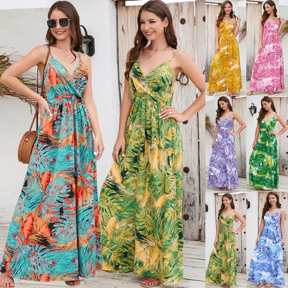 Style Print Spaghetti Strap Dresses V-neck Backless Beach Vacation Long Dress Female Vestido Summer New