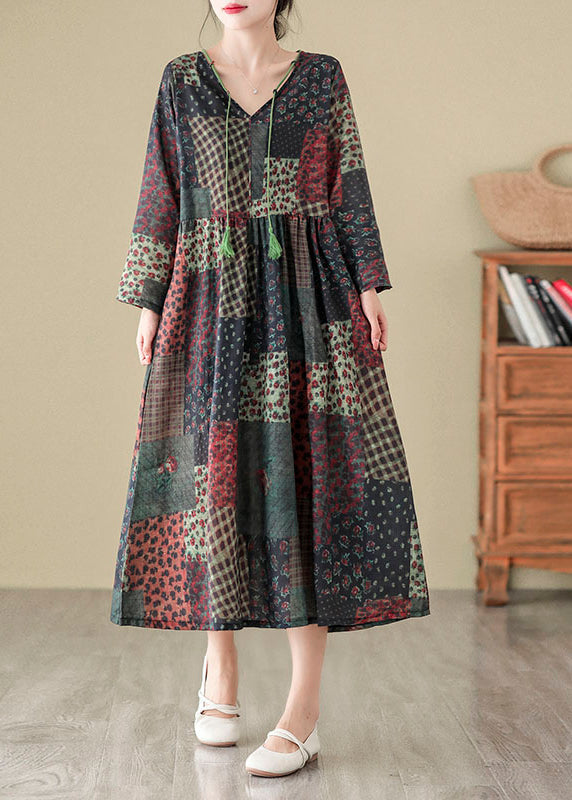 V Neck Print Patchwork Cotton Long Dress Fall Qo043