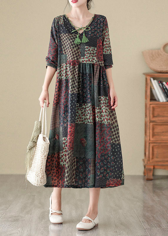 V Neck Print Patchwork Cotton Long Dress Fall Qo043
