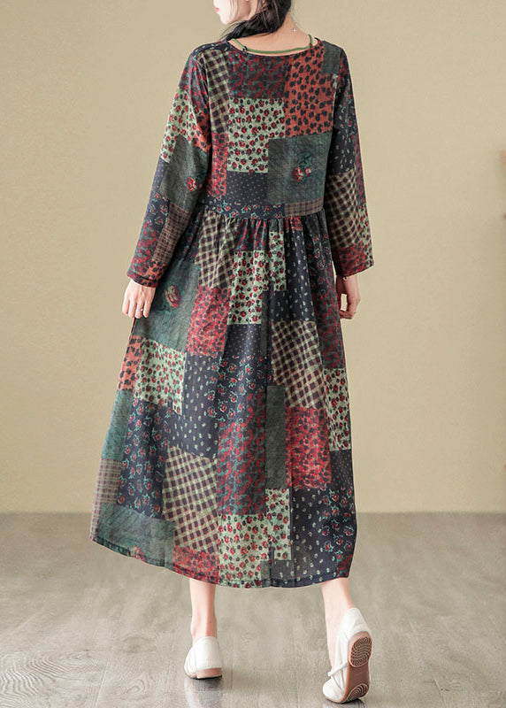 V Neck Print Patchwork Cotton Long Dress Fall Qo043