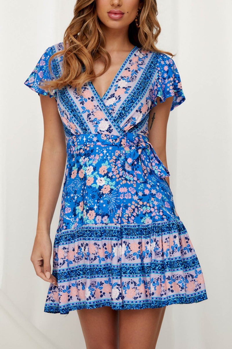 V Neck Tie-waist Slit Mini Dress