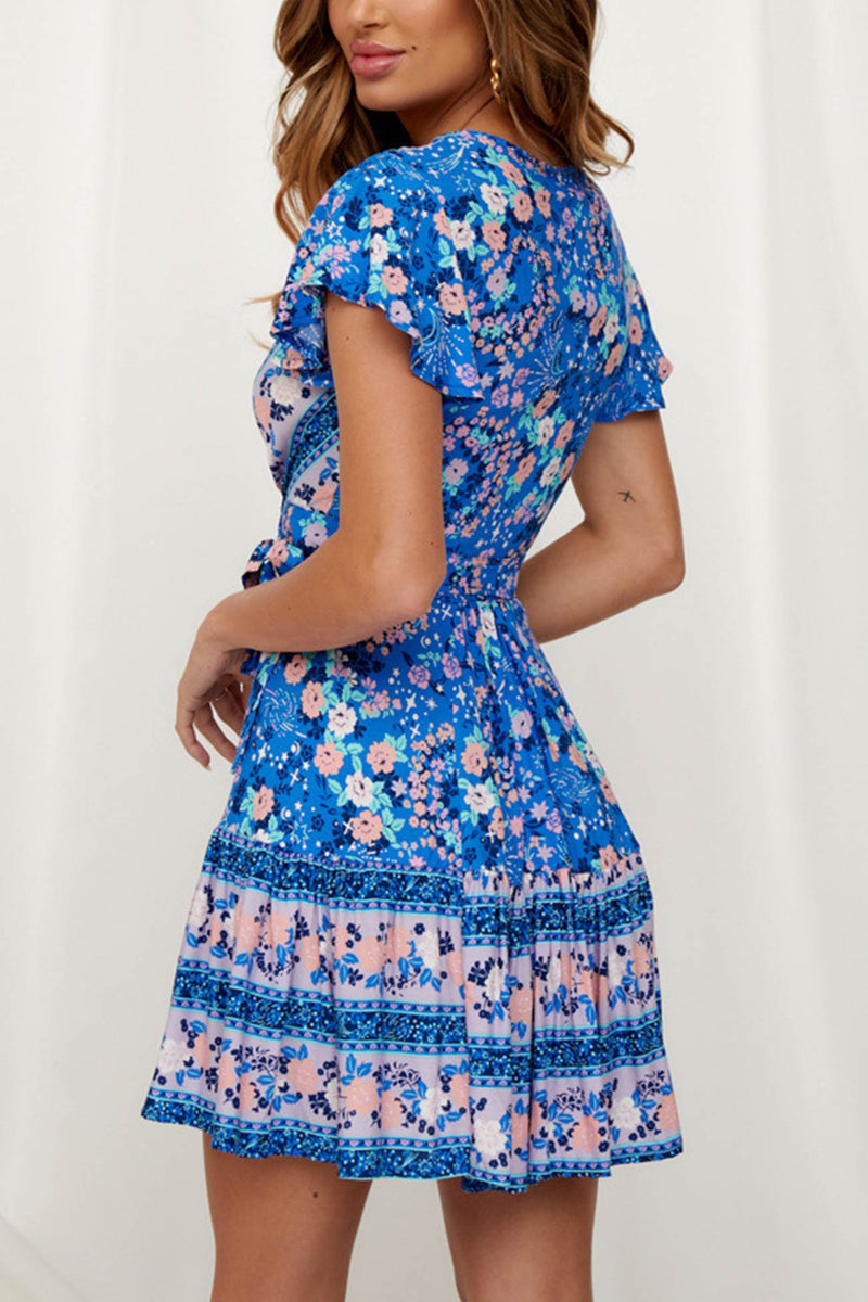 V Neck Tie-waist Slit Mini Dress