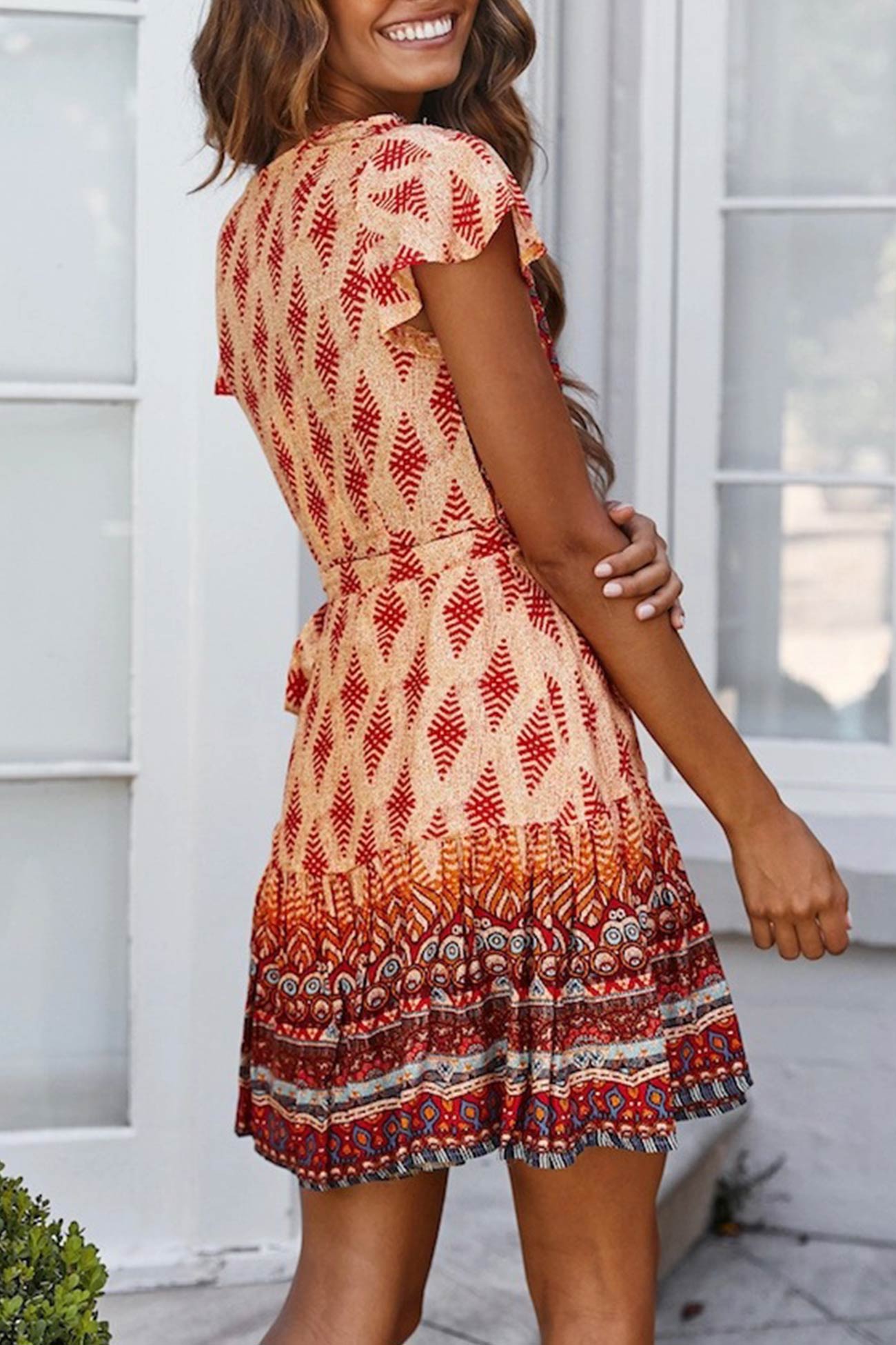 V Neck Tie-waist Slit Mini Dress