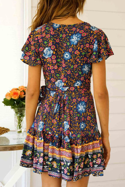 V Neck Tie-waist Slit Mini Dress