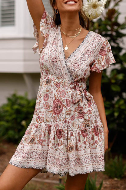 V Neck Tie-waist Slit Mini Dress