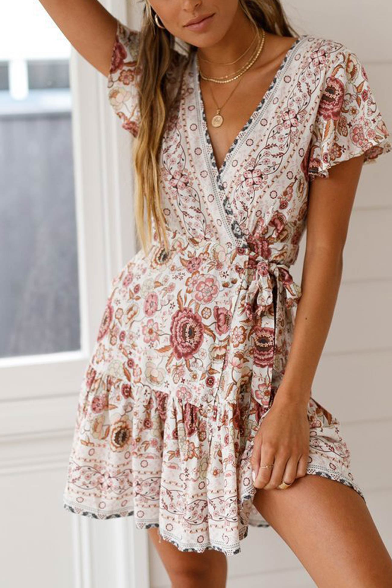 V Neck Tie-waist Slit Mini Dress