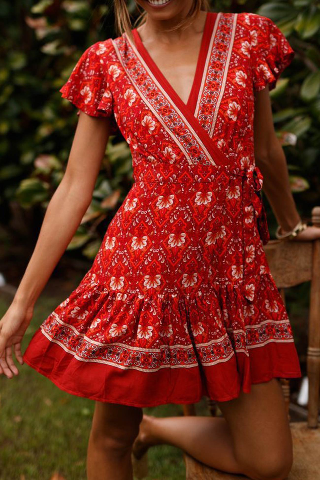 V Neck Tie-waist Slit Mini Dress