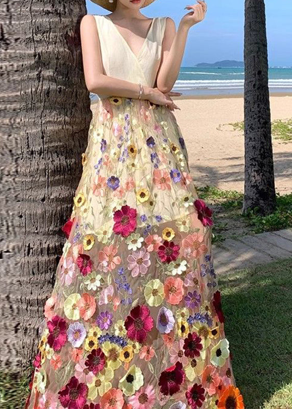 V Neck Tulle Embroidered Patchwork Tulle Maxi Dress Summer Uu1024