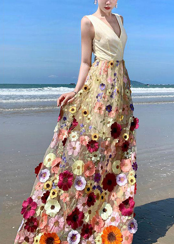 V Neck Tulle Embroidered Patchwork Tulle Maxi Dress Summer Uu1024