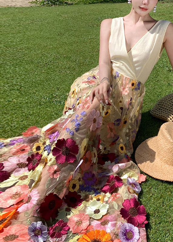 V Neck Tulle Embroidered Patchwork Tulle Maxi Dress Summer Uu1024
