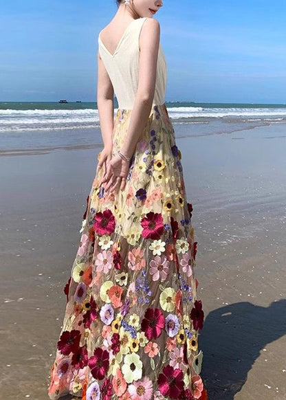 V Neck Tulle Embroidered Patchwork Tulle Maxi Dress Summer Uu1024