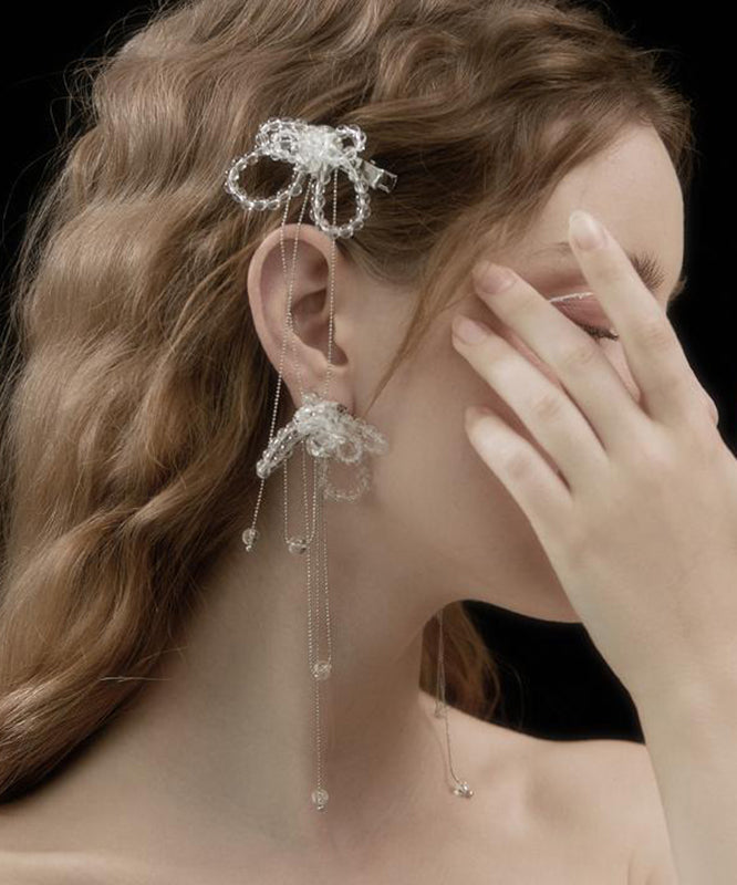 White Alloy Crystal Butterfly Tassel Drop Earrings