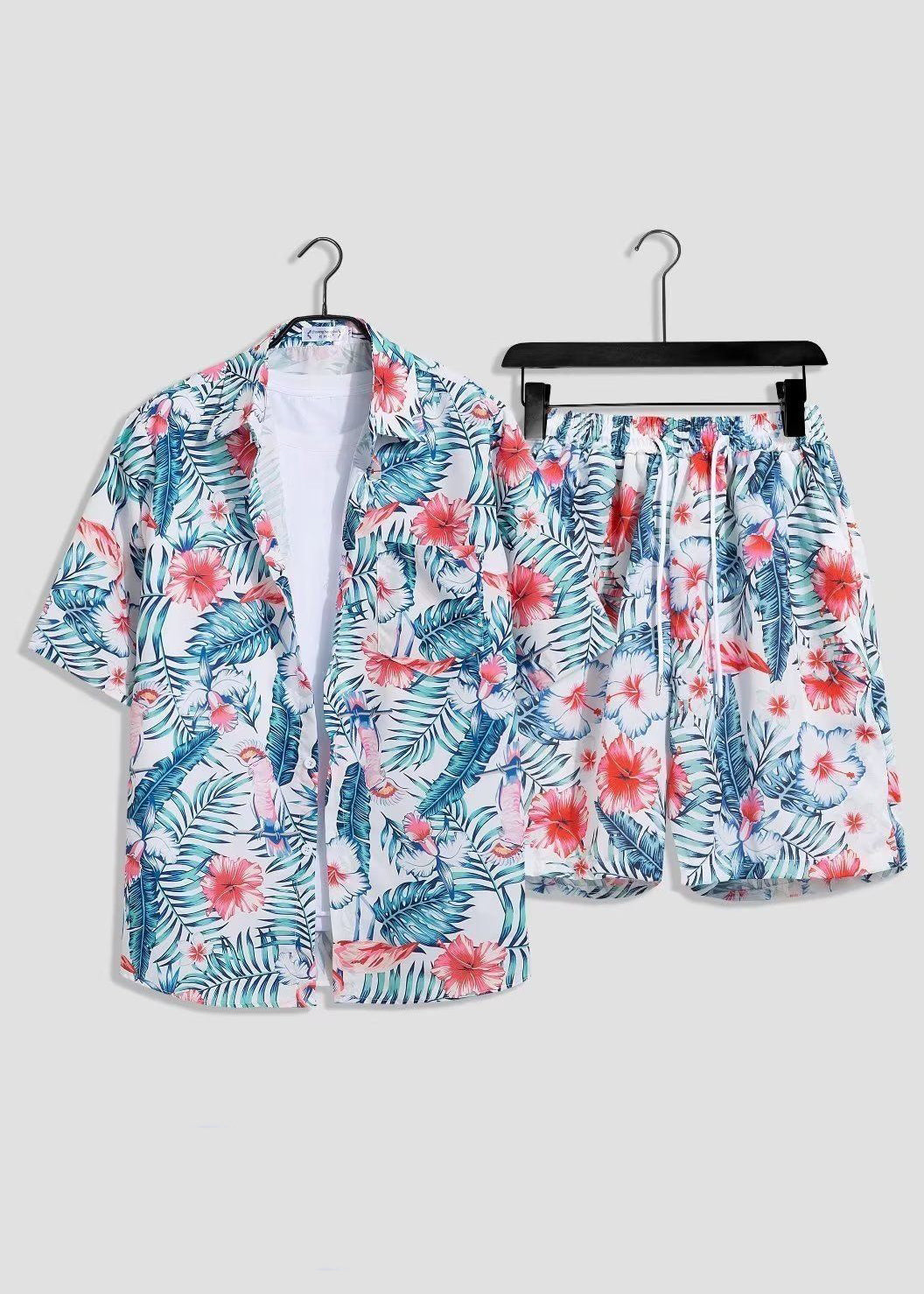 White Print Shirts and Shorts Ice Silk Two Pieces Set Summer Hg064