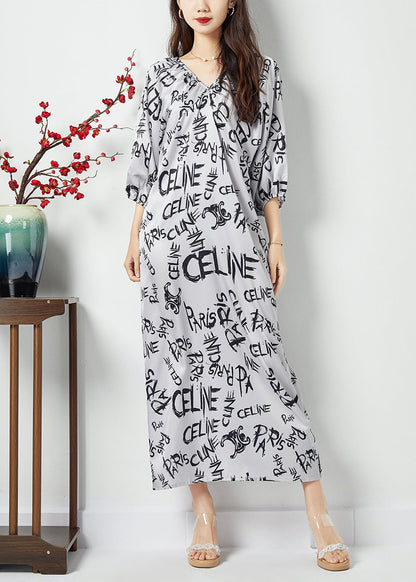 White V Neck Letter Print Wrinkled Chiffon Long Dress Batwing Sleeve Lc0395