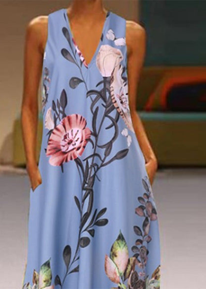 White V Neck Print Long Dresses Summer Lc0057