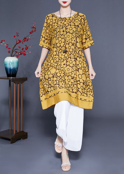 Yellow O-neck Print Silk Maxi Dress Summer Lc0412