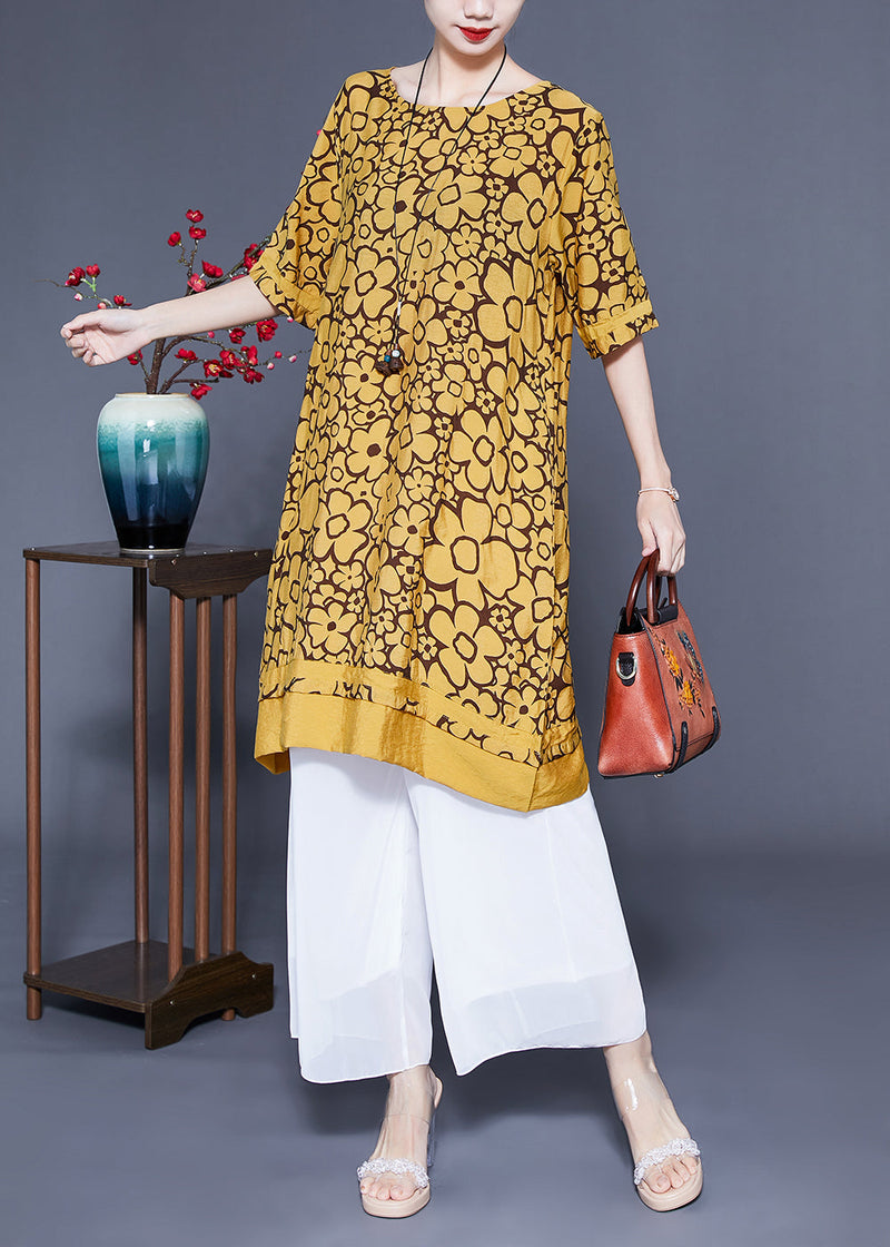 Yellow O-neck Print Silk Maxi Dress Summer Lc0412