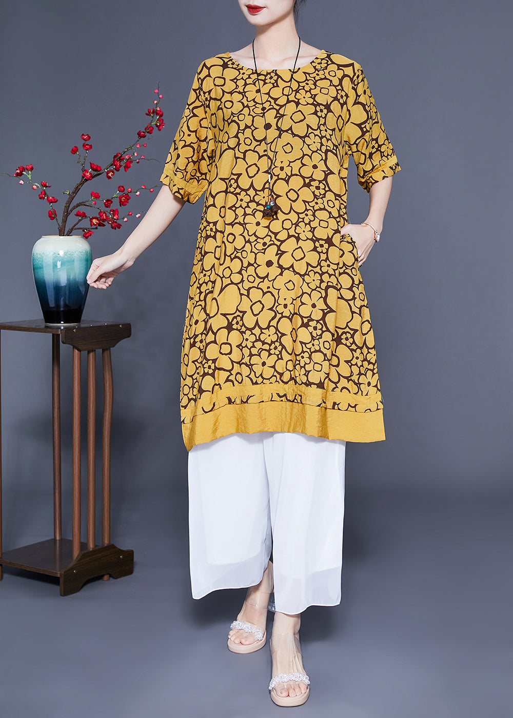 Yellow O-neck Print Silk Maxi Dress Summer Lc0412
