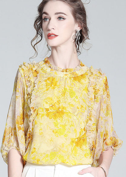 Yellow Ruffled Print Silk Blouse Tops Bracelet Sleeve Ly0144