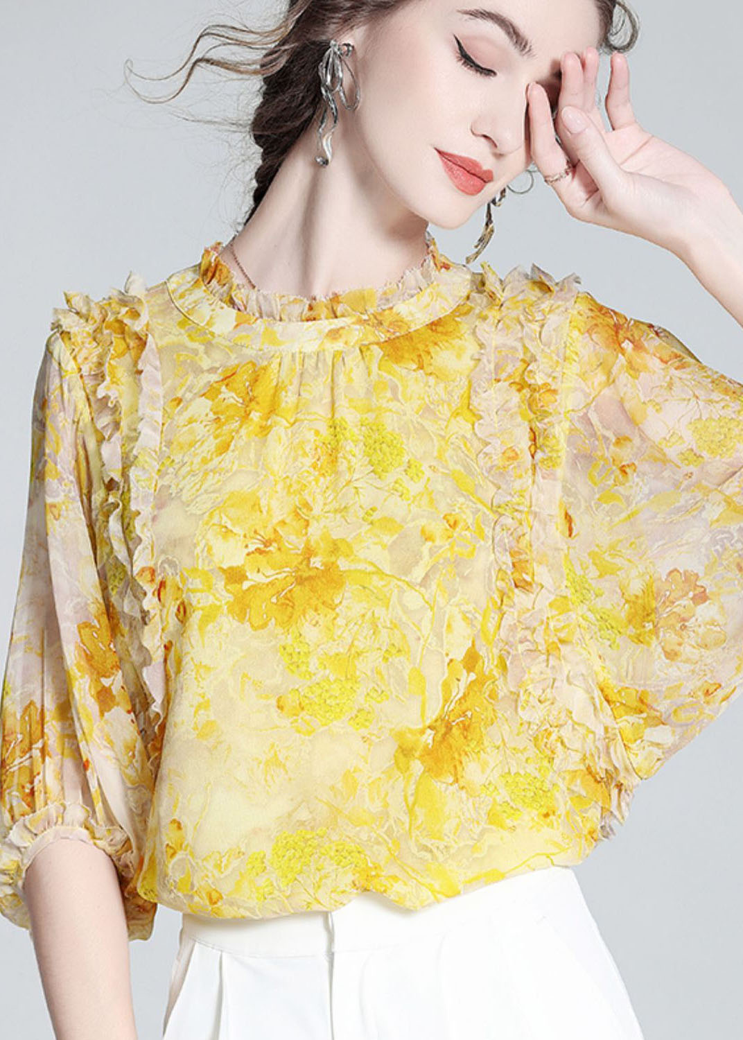 Yellow Ruffled Print Silk Blouse Tops Bracelet Sleeve Ly0144