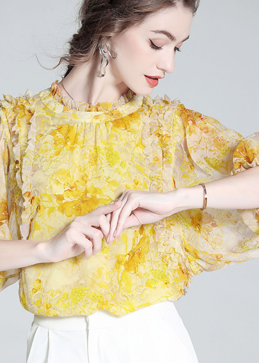 Yellow Ruffled Print Silk Blouse Tops Bracelet Sleeve Ly0144