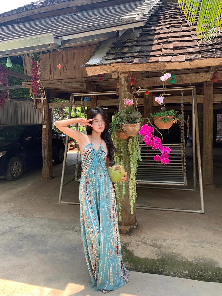 Halter Maxi Dress Open-back Beach Goddess Look