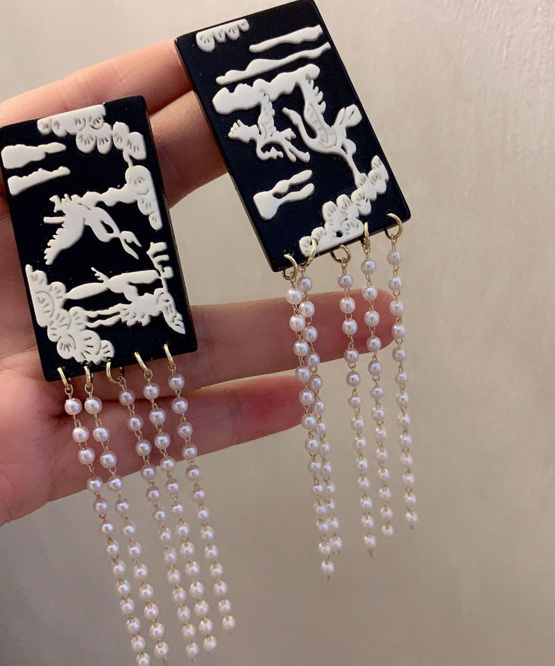 Black Acrylic Pearl Shell Flower Tassel Drop Earrings