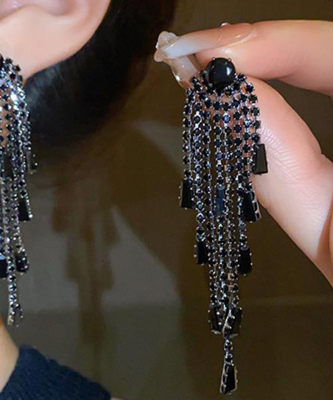 Black Copper Zircon Tassel Drop Earrings