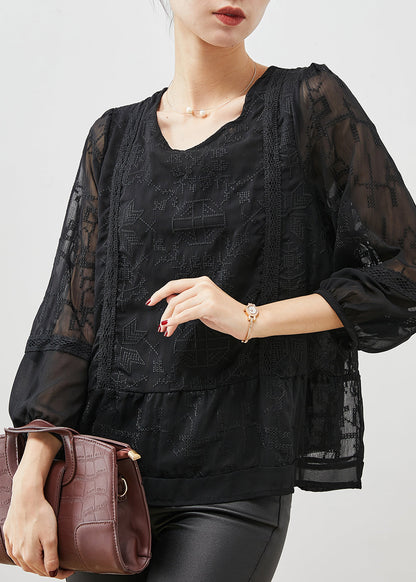 Black Embroidered Tulle Blouse Top Bracelet Sleeve Yu1058