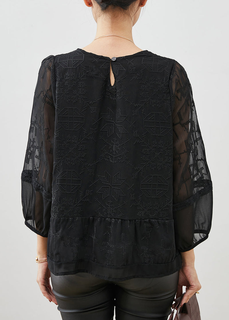 Black Embroidered Tulle Blouse Top Bracelet Sleeve Yu1058