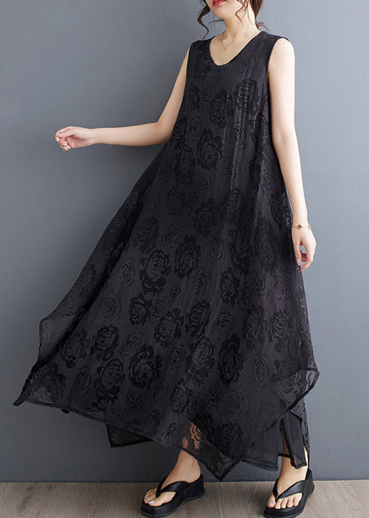 Black O-neck Asymmetrical Hollow Out Holiday Lace Maxi Dress Summer Uu027