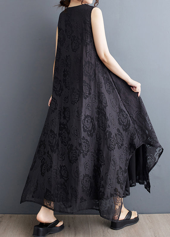 Black O-neck Asymmetrical Hollow Out Holiday Lace Maxi Dress Summer Uu027