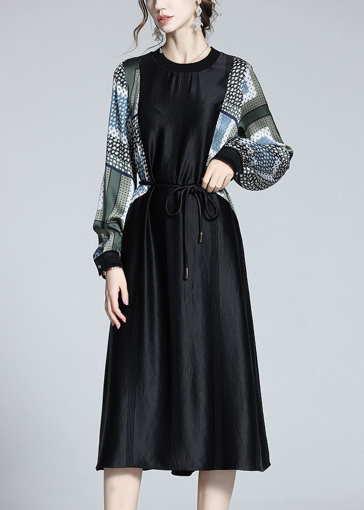 Black O-neck Print Patchwork Tie Waist Satin Vacation Long Dresses Long Sleeve Ly1056