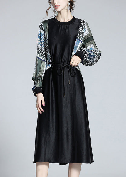 Black O-neck Print Patchwork Tie Waist Satin Vacation Long Dresses Long Sleeve Ly1056