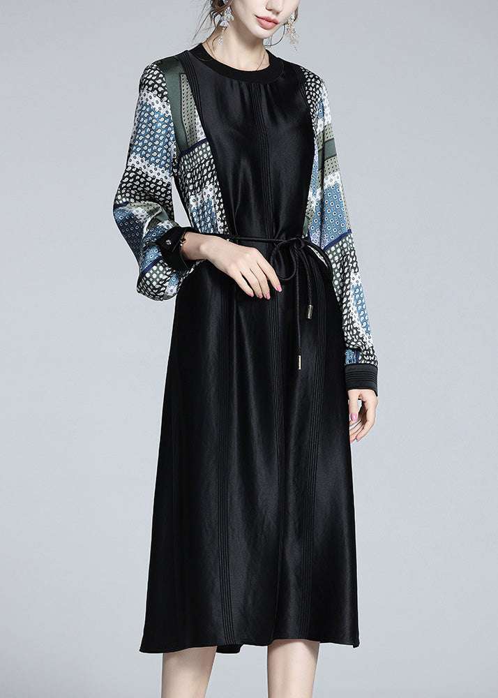 Black O-neck Print Patchwork Tie Waist Satin Vacation Long Dresses Long Sleeve Ly1056